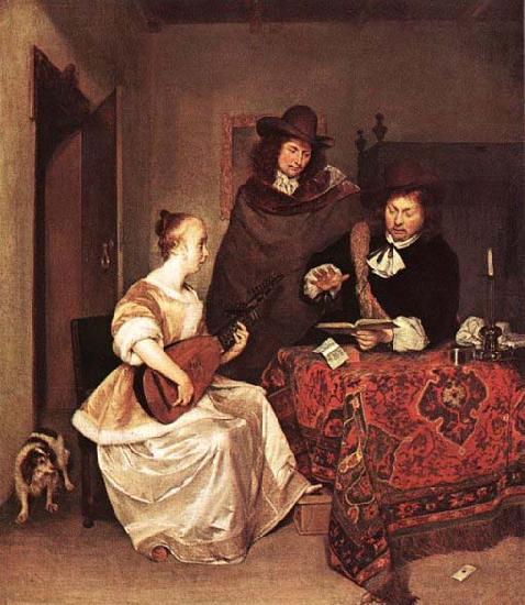 TERBORCH, Gerard A Young Woman Playing a Theorbo to Two Men Norge oil painting art
